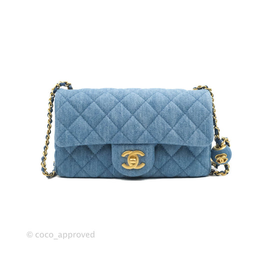 Chanel Mini Rectangular Pearl Crush Quilted Denim Aged Gold Hardware 22C