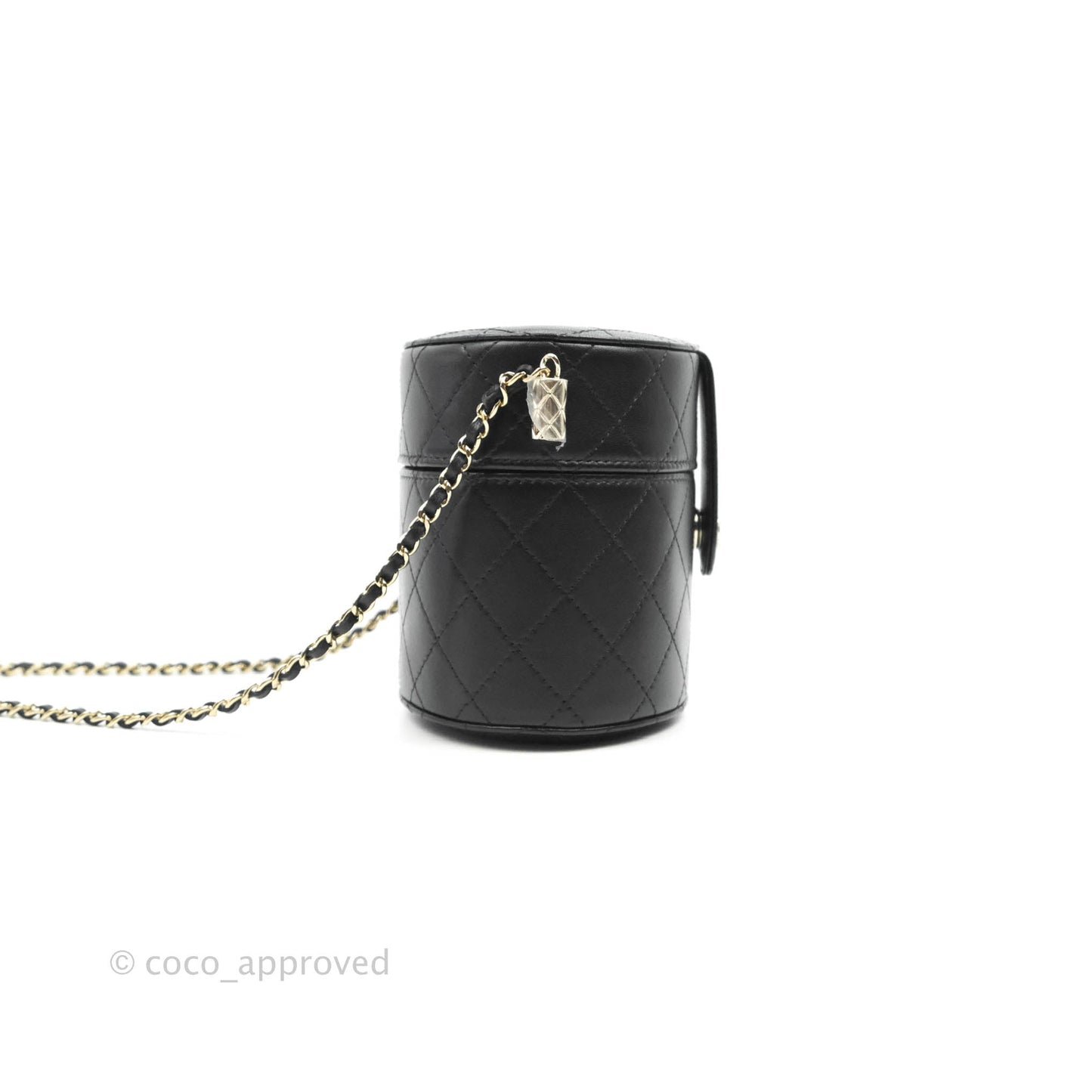 Chanel Quilted Round Vanity Clutch With Chain Black Lambskin Gold Hardware