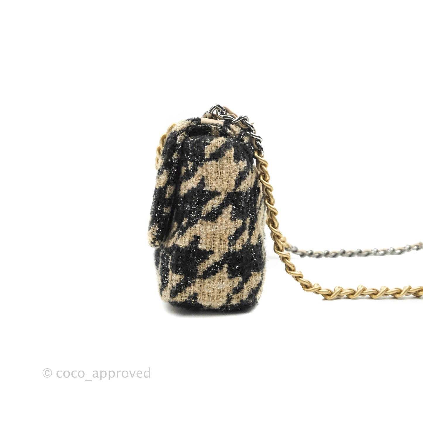 Chanel 19 Small Tweed Houndstooth Black Beige Mixed Hardware