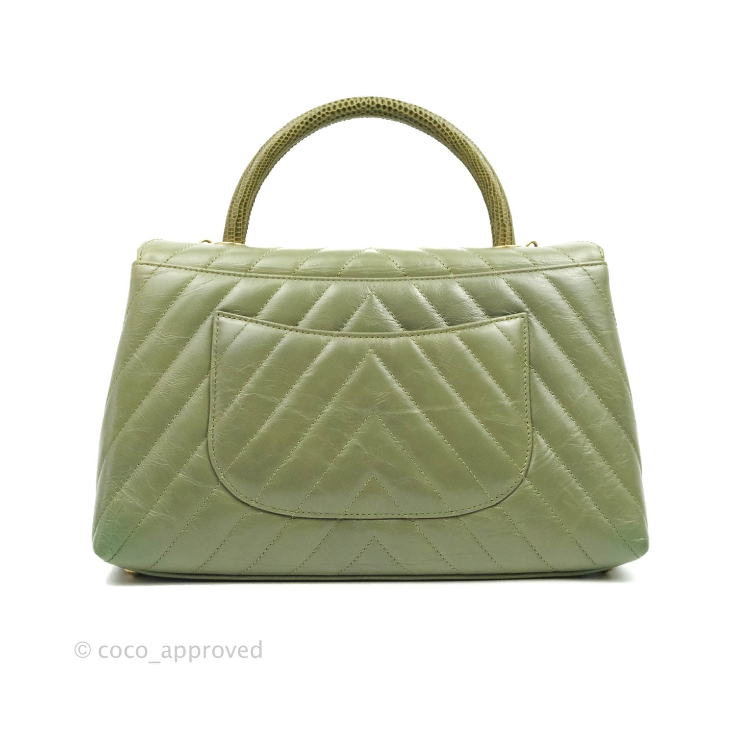 Chanel Medium (Small) Chevron Coco Handle Flap Olive Crumpled Calfskin Aged Gold Hardware Lizard Handle