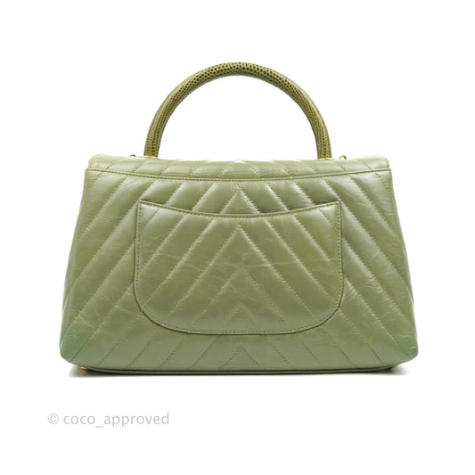 Chanel Medium (Small) Chevron Coco Handle Flap Olive Crumpled Calfskin Aged Gold Hardware Lizard Handle