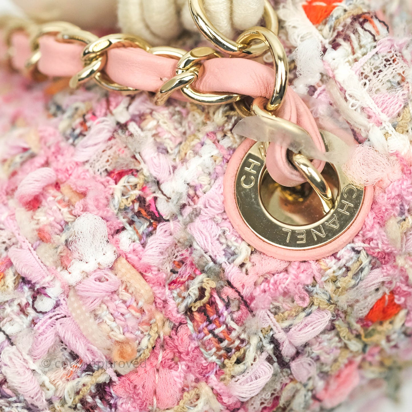 Chanel Small Pink Tweed Flap Bag With Large Pearl Handle Gold Hardware 19S