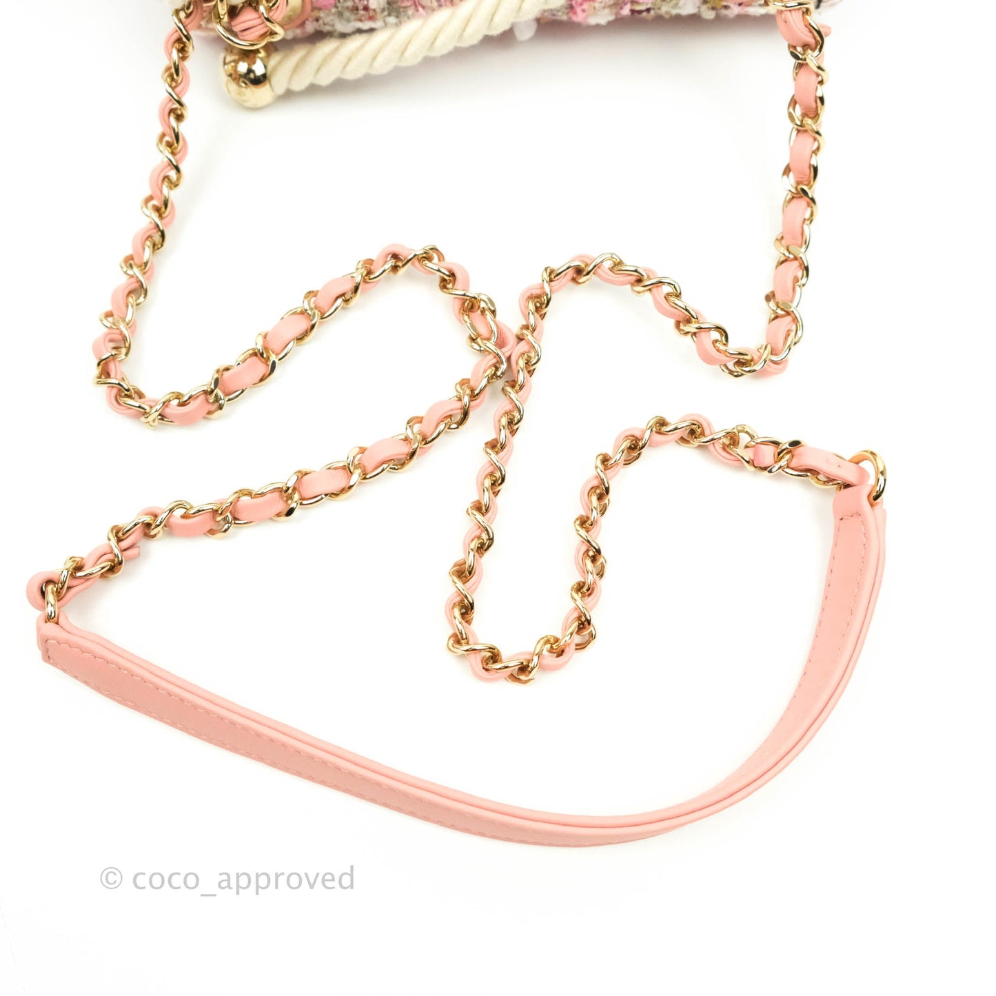 Chanel Small Pink Tweed Flap Bag With Large Pearl Handle Gold Hardware