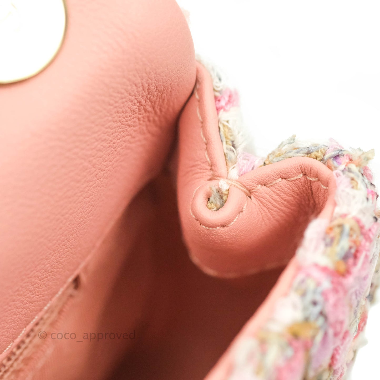 Chanel Small Pink Tweed Flap Bag With Large Pearl Handle Gold Hardware