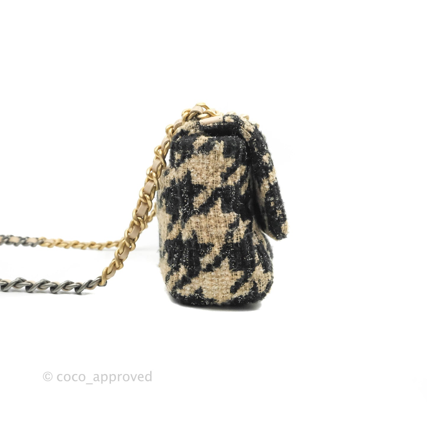 Chanel 19 Small Tweed Houndstooth Black Beige Mixed Hardware