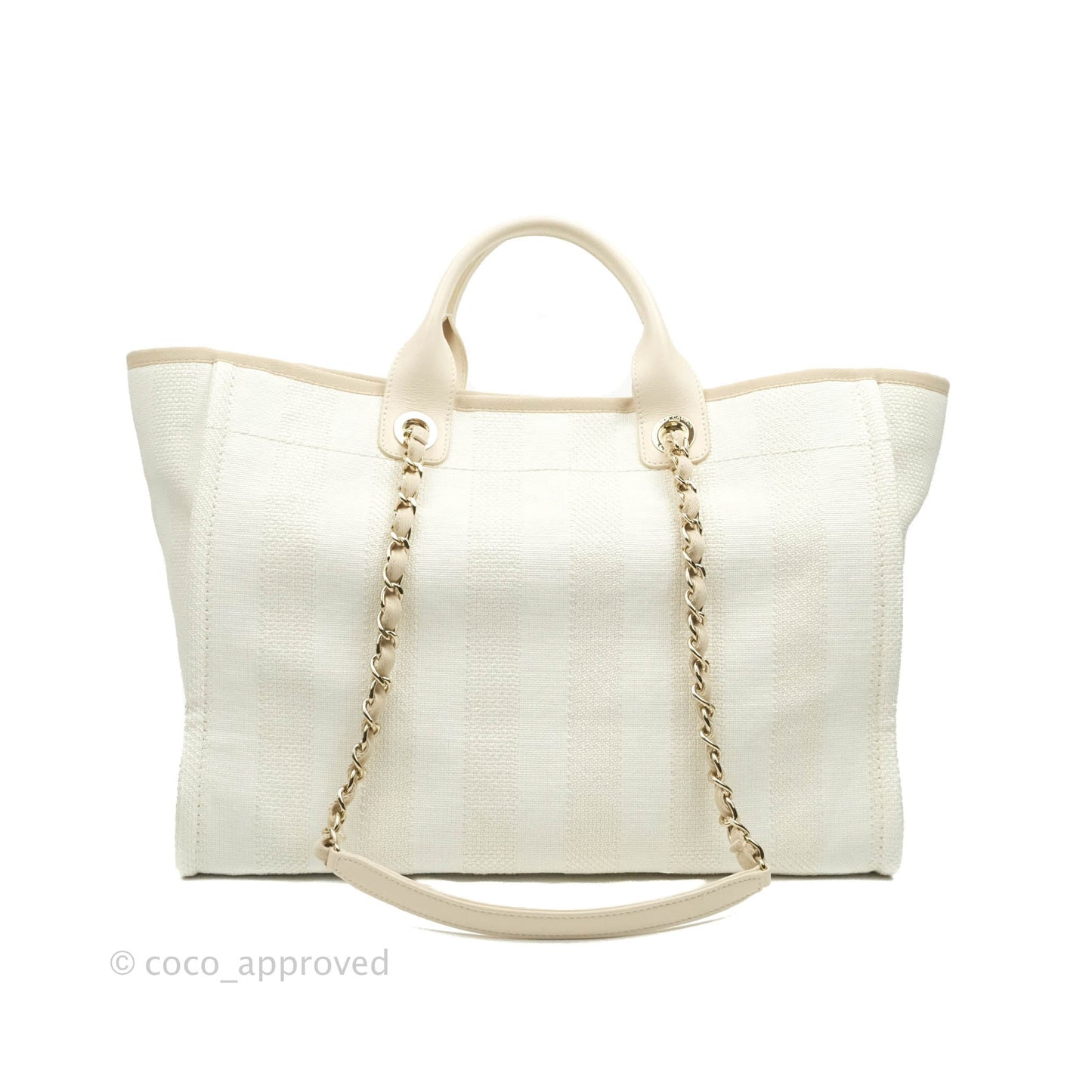 Chanel Large Deauville Light Beige Stripe Canvas Gold Hardware