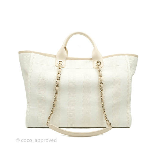 Chanel Large Deauville Light Beige Stripe Canvas Gold Hardware