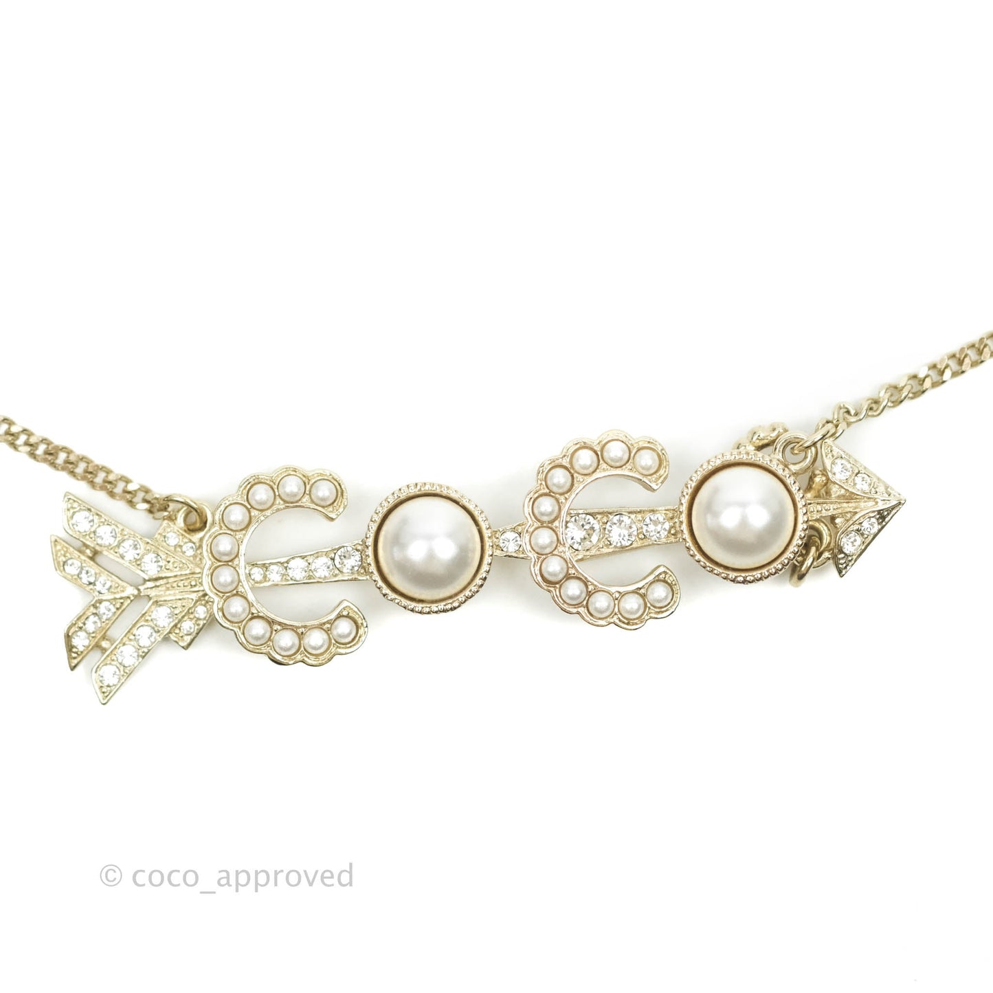 Chanel Coco Arrow Pearl Crystal Necklace Gold Tone 20S