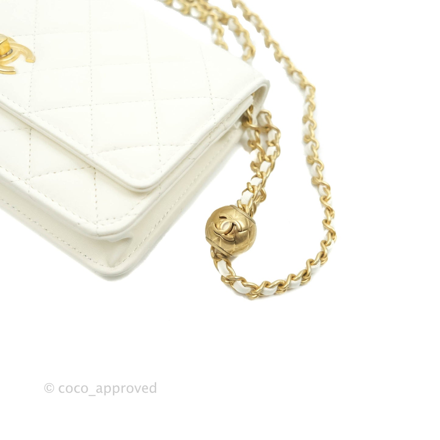 Chanel Quilted Pearl Crush Wallet on Chain WOC White Lambskin Aged Gold Hardware