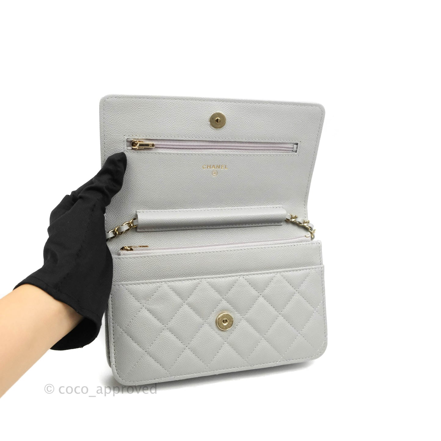 Chanel Quilted Wallet On Chain WOC Grey Caviar Gold Hardware 21A