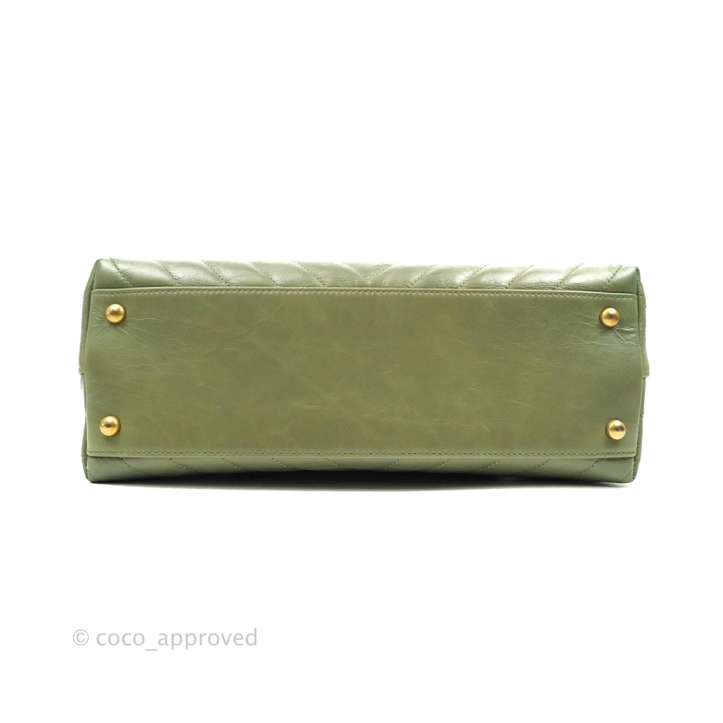 Chanel Medium (Small) Chevron Coco Handle Flap Olive Crumpled Calfskin Aged Gold Hardware Lizard Handle