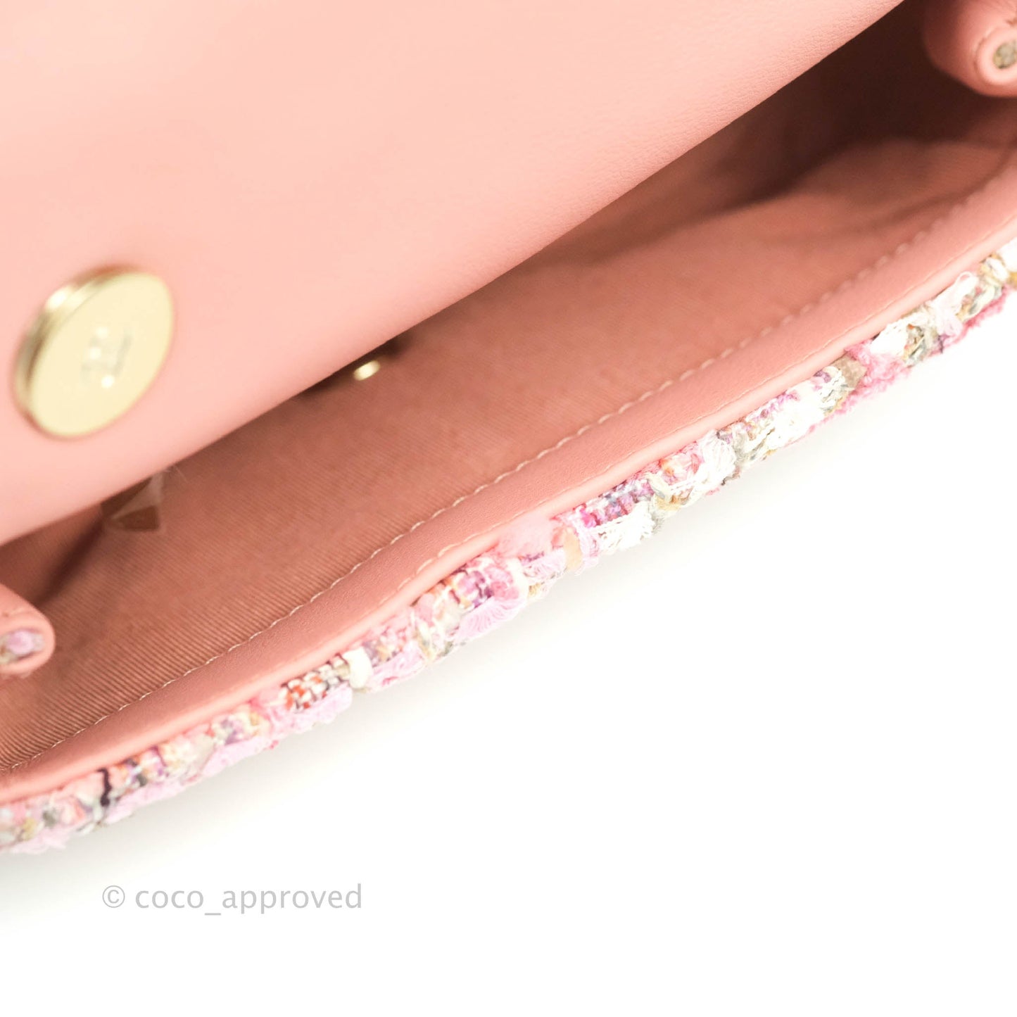 Chanel Small Pink Tweed Flap Bag With Large Pearl Handle Gold Hardware