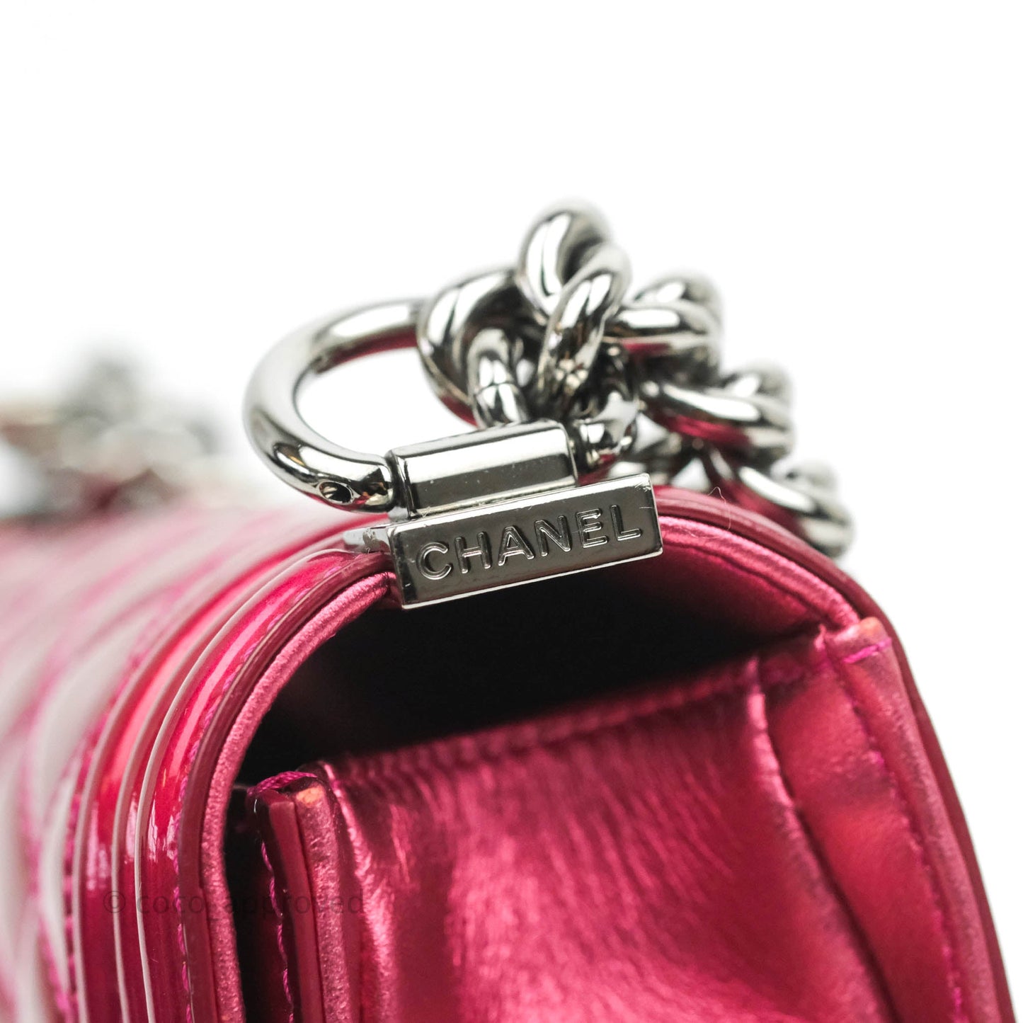 Chanel Quilted Small Boy Metallic Pink Patent & Lambskin Gun Metal