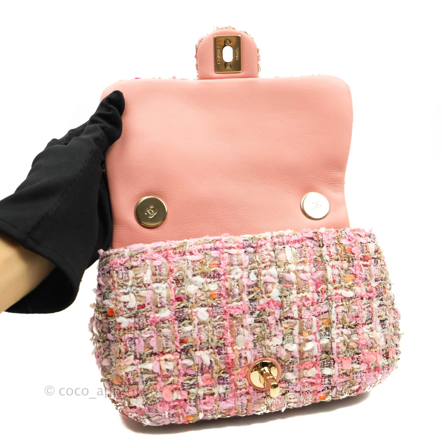 Chanel Small Pink Tweed Flap Bag With Large Pearl Handle Gold Hardware