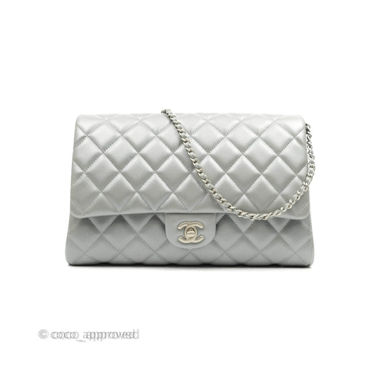 Chanel Quilted Clutch with Chain Silver Lambskin Matte Silver Hardware