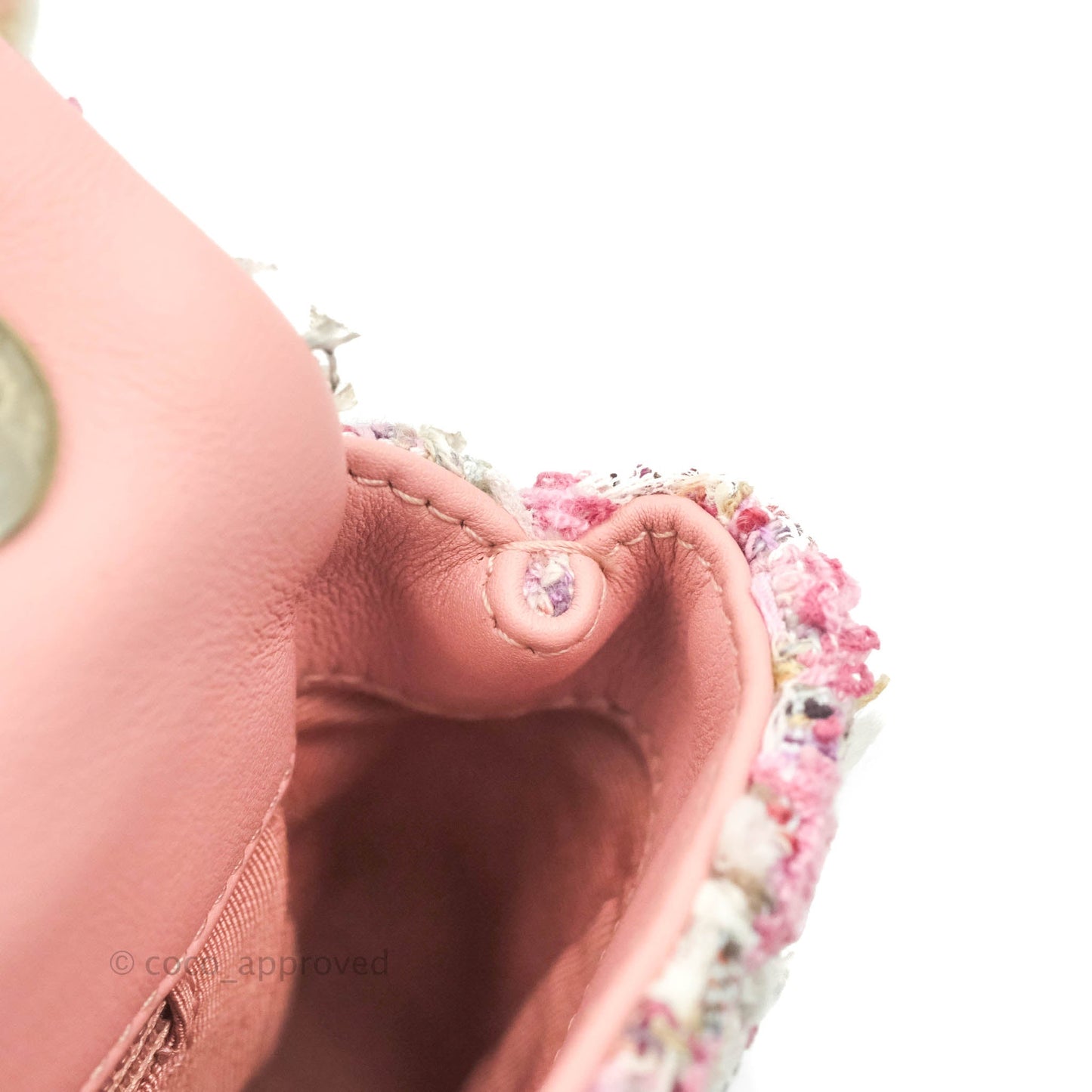 Chanel Small Pink Tweed Flap Bag With Large Pearl Handle Gold Hardware 19S