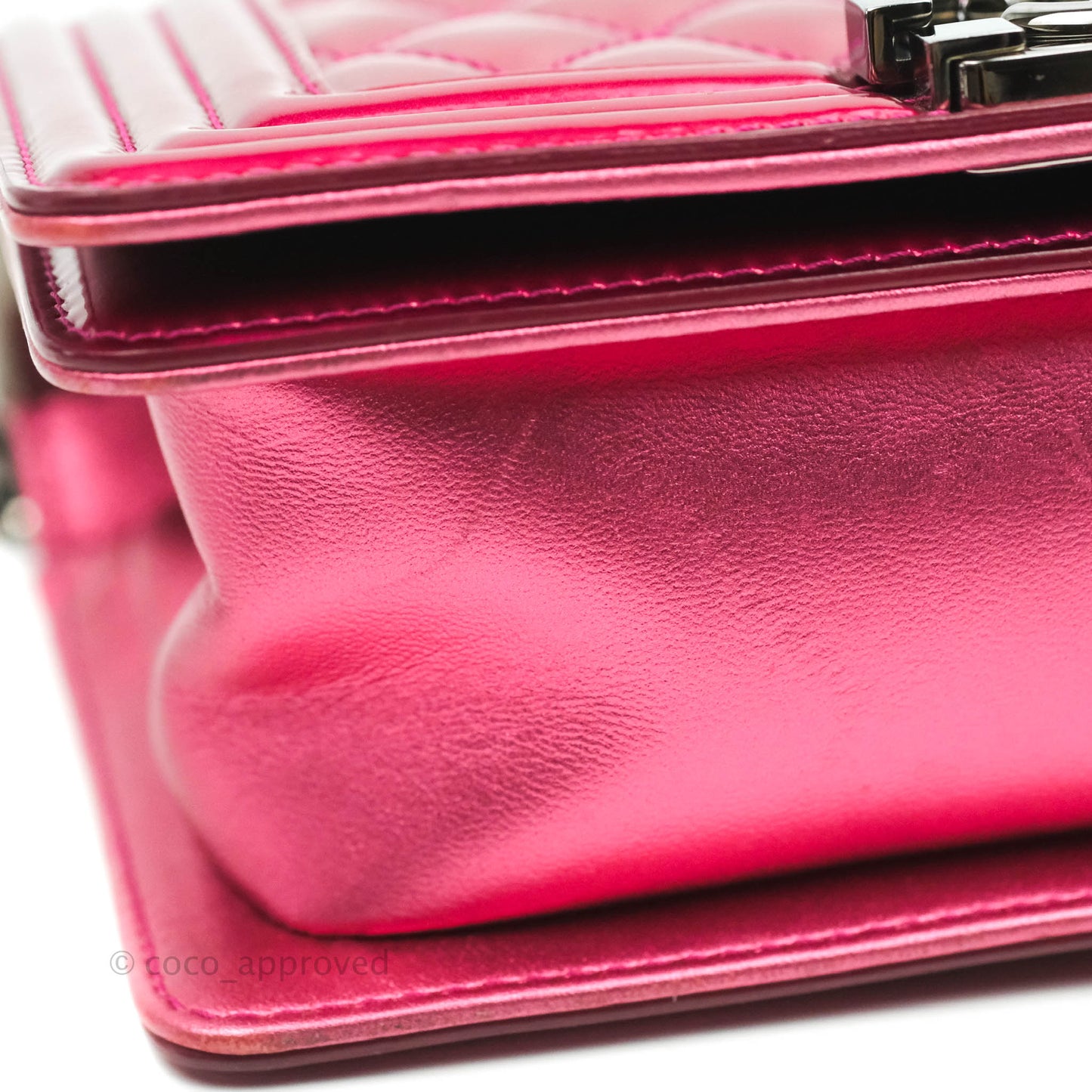 Chanel Quilted Small Boy Metallic Pink Patent & Lambskin Gun Metal