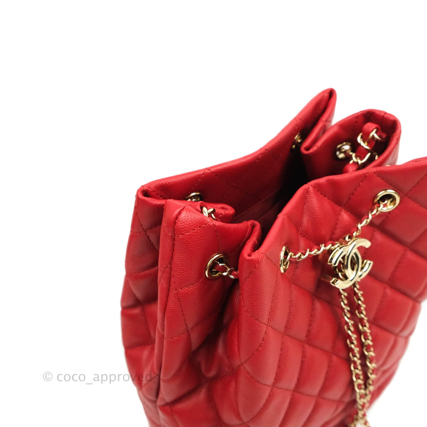 Chanel Medium Quilted Rolled Up Bucket Drawstring Bag Red Caviar Gold Hardware