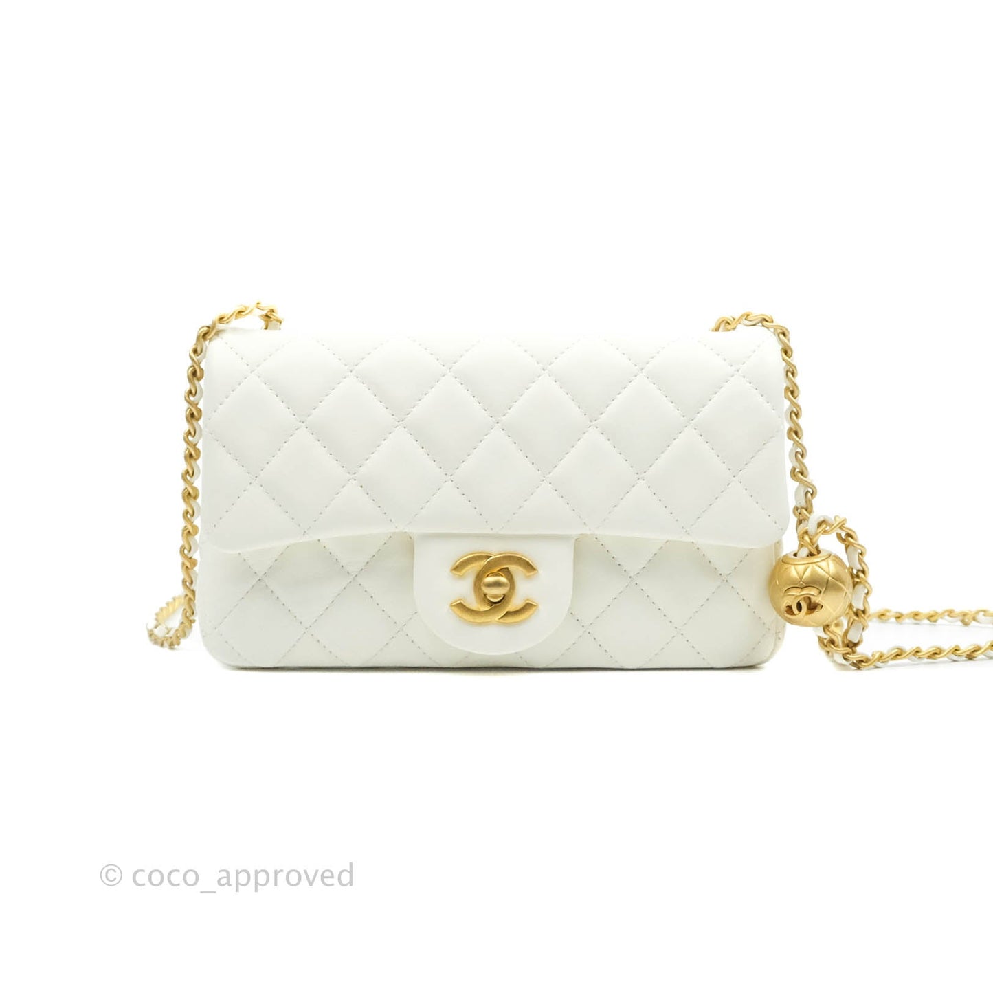 Chanel Mini Rectangular Pearl Crush Quilted White Lambskin Aged Gold Hardware 22C