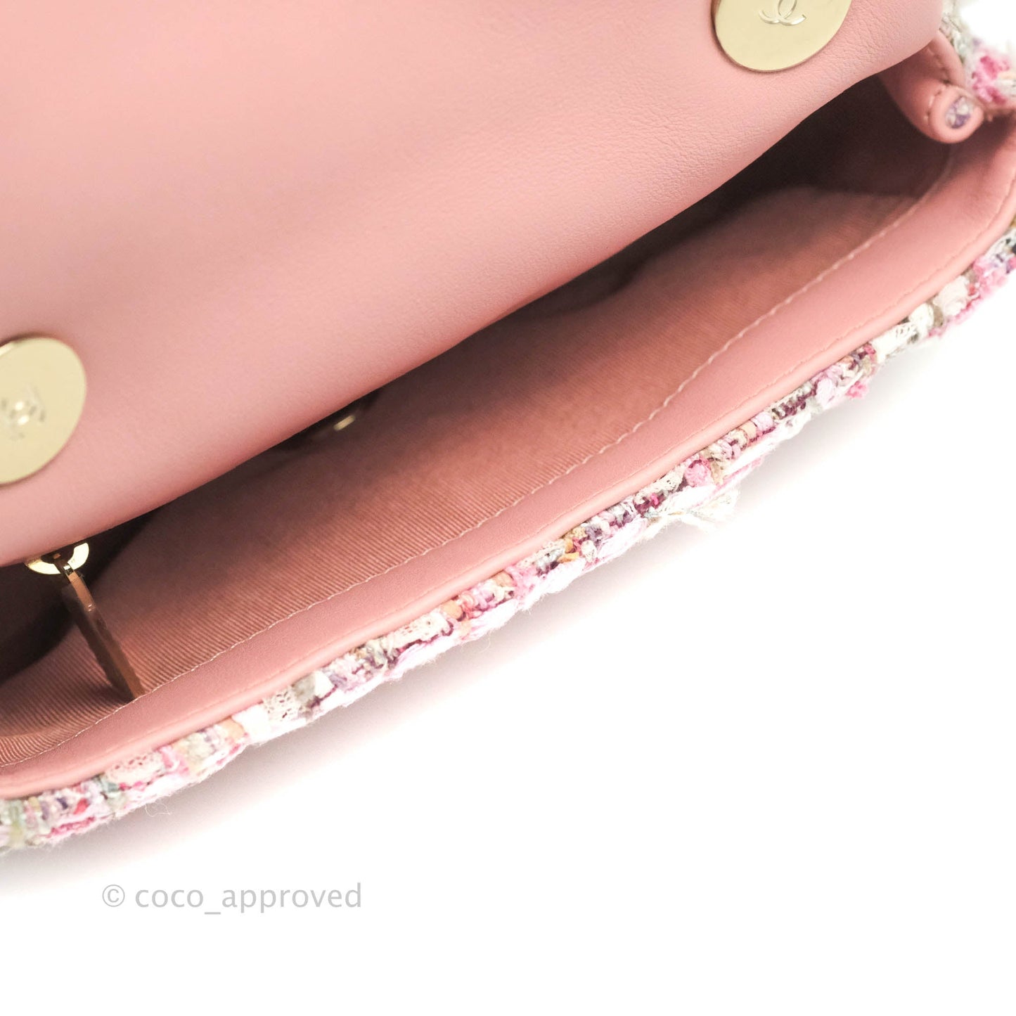 Chanel Small Pink Tweed Flap Bag With Large Pearl Handle Gold Hardware 19S