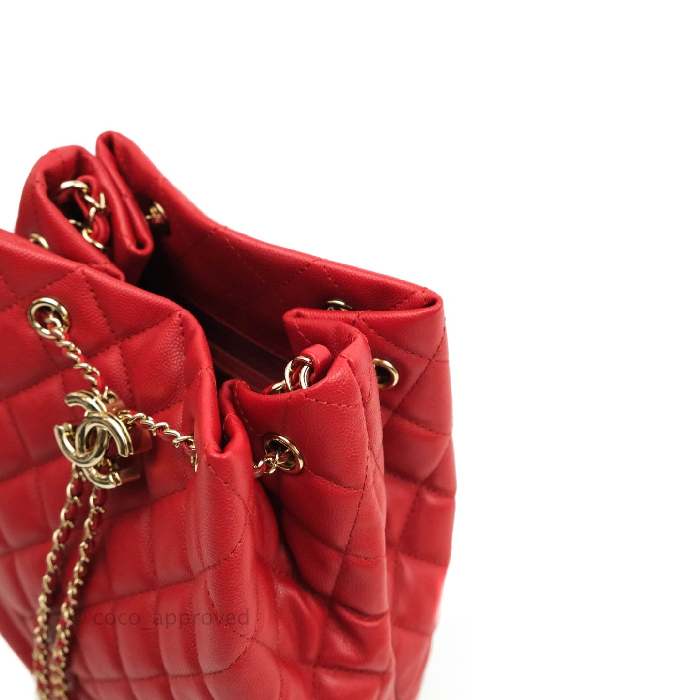 Chanel Medium Quilted Rolled Up Bucket Drawstring Bag Red Caviar Gold Hardware