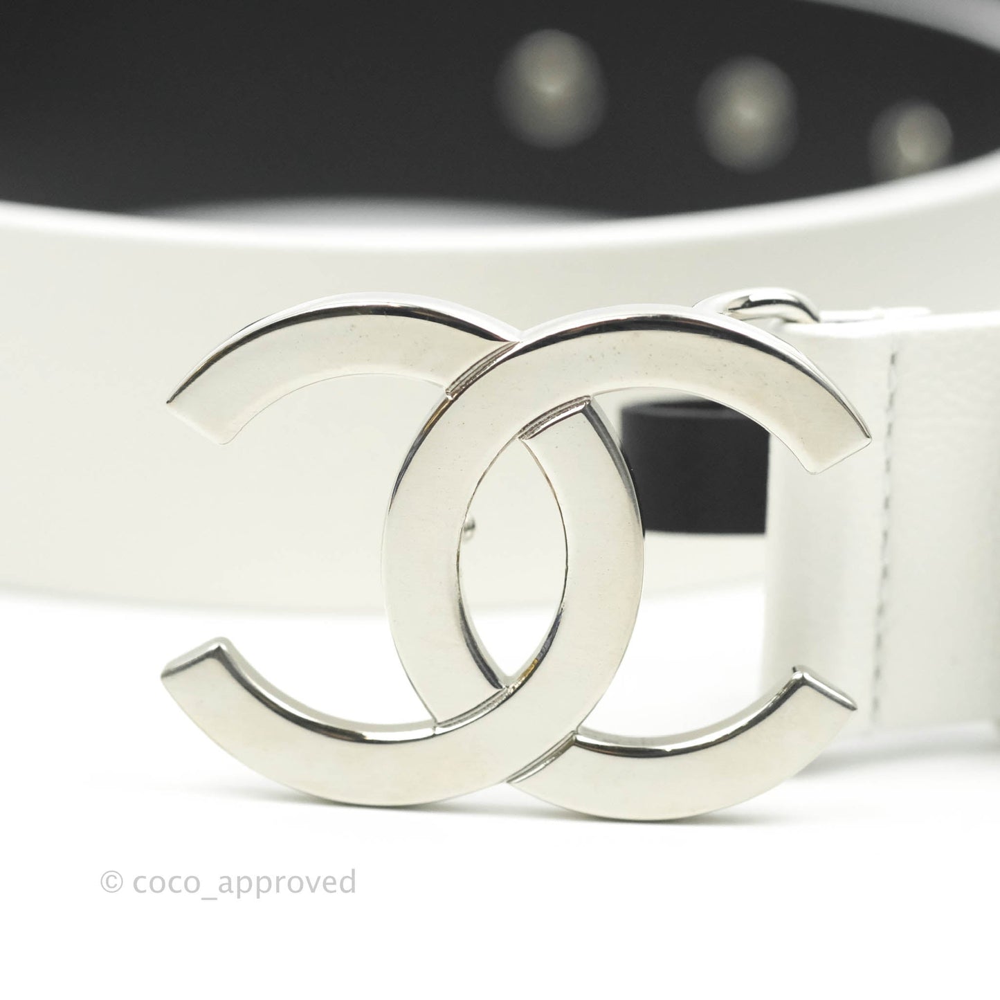 Chanel CC Leather Belt White Caviar Silver Hardware 20P Size 80