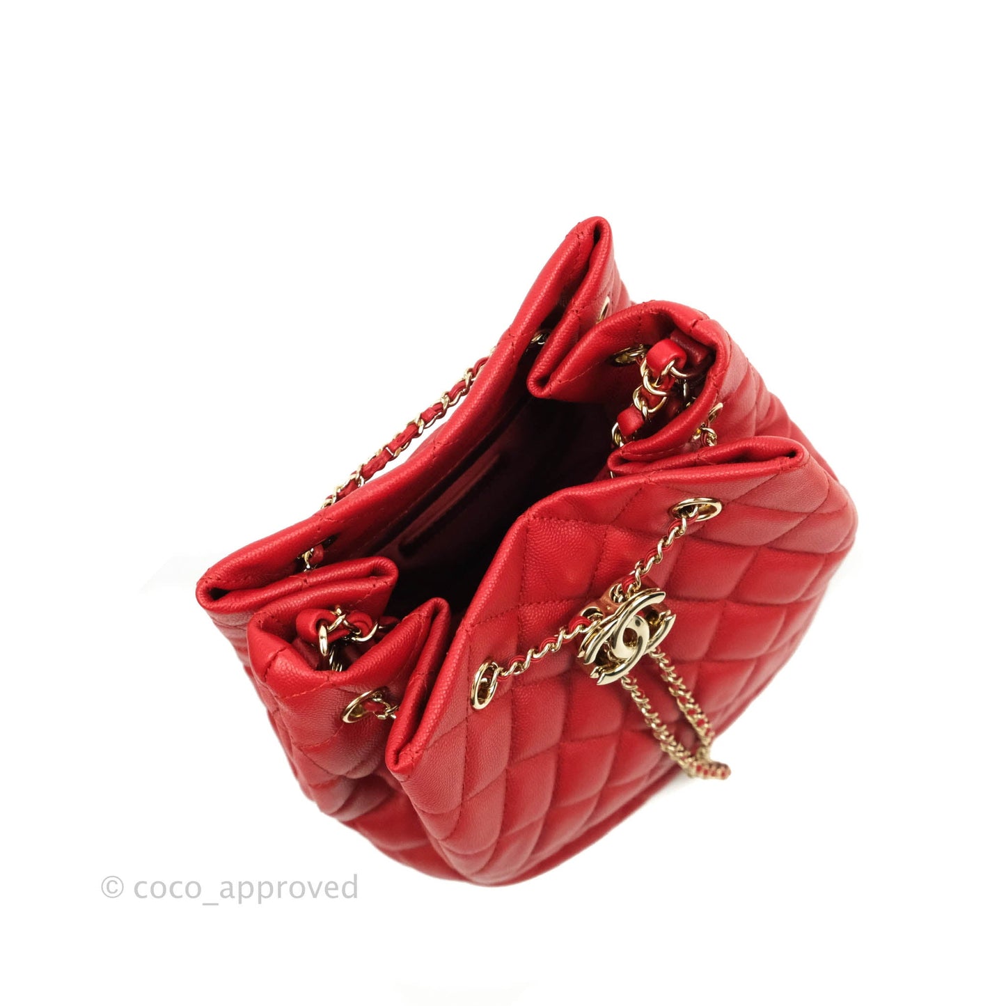 Chanel Medium Quilted Rolled Up Bucket Drawstring Bag Red Caviar Gold Hardware
