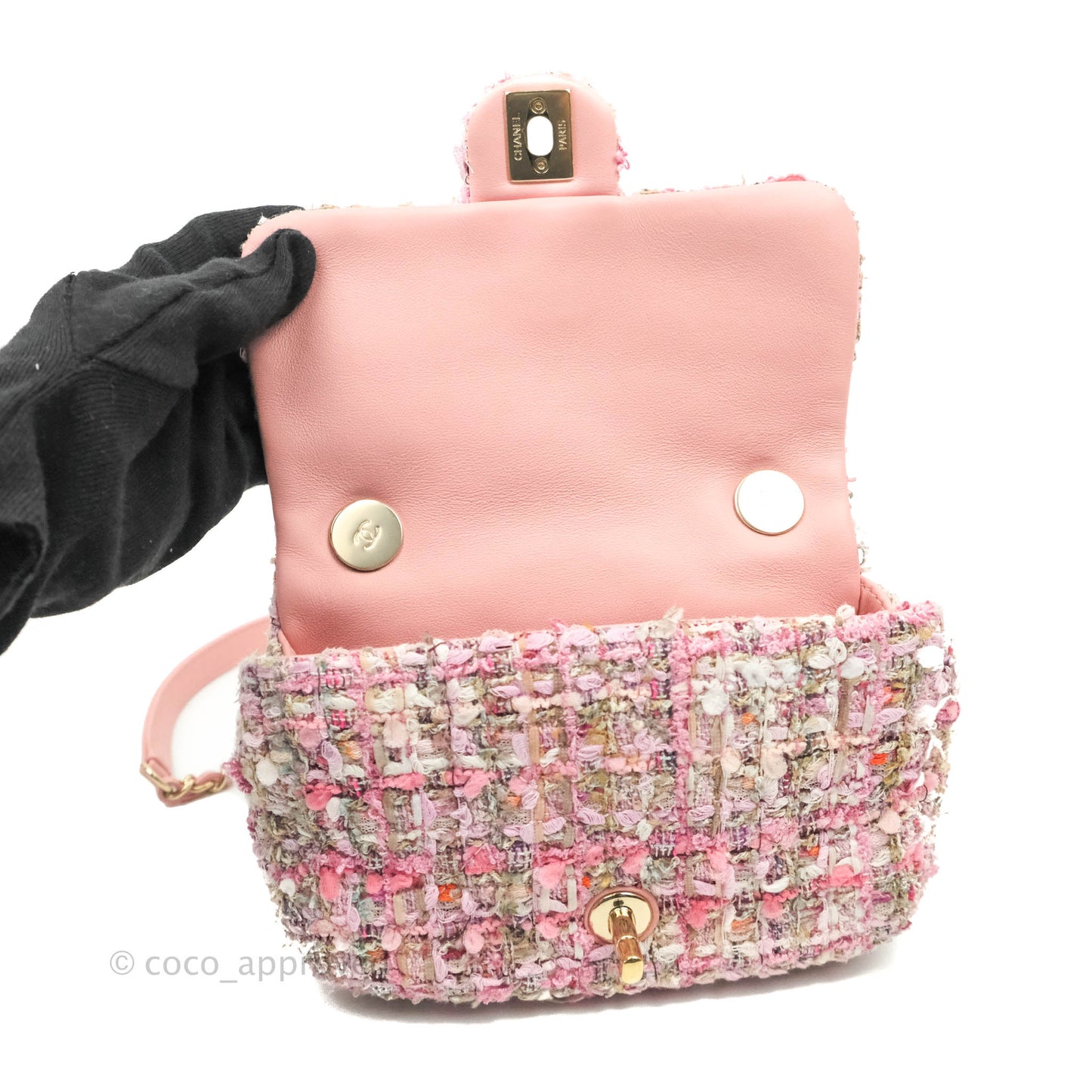 Chanel Small Pink Tweed Flap Bag With Large Pearl Handle Gold Hardware 19S