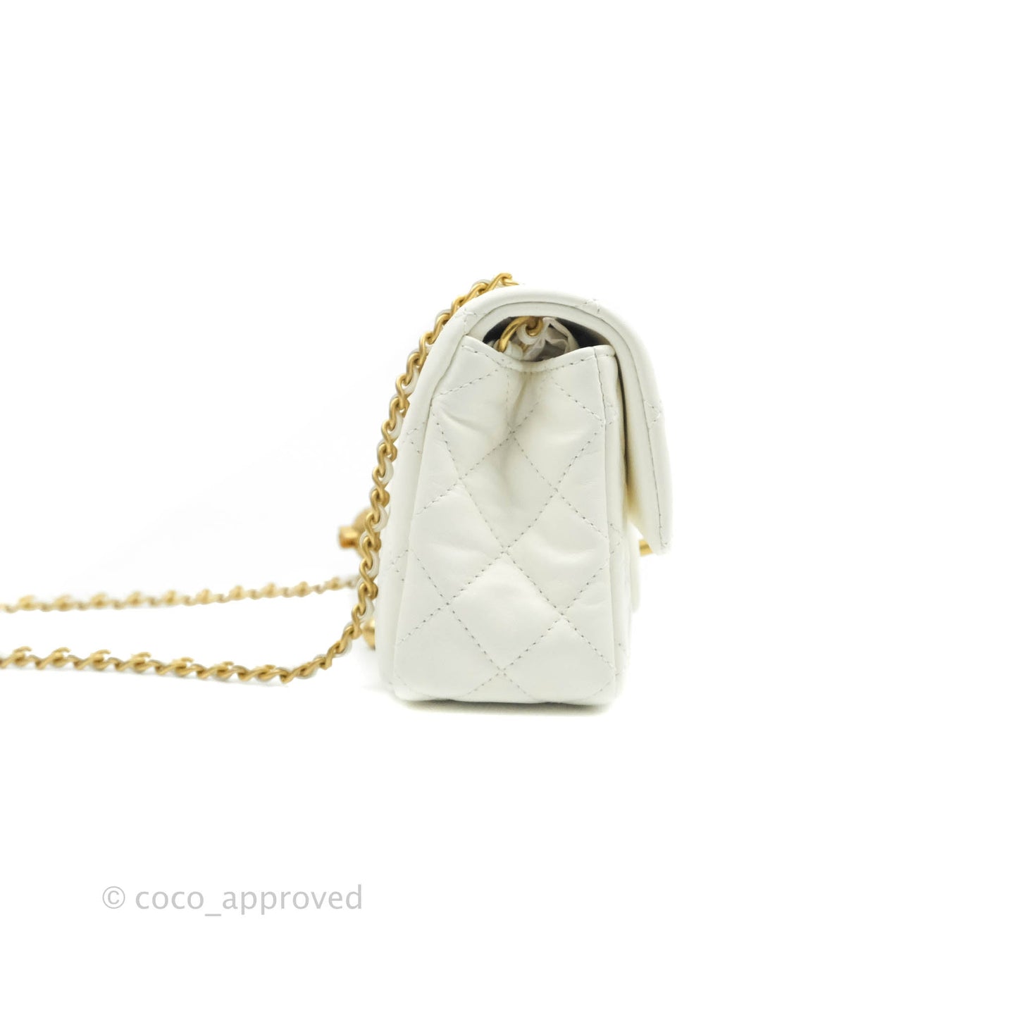 Chanel Mini Rectangular Pearl Crush Quilted White Lambskin Aged Gold Hardware 22C