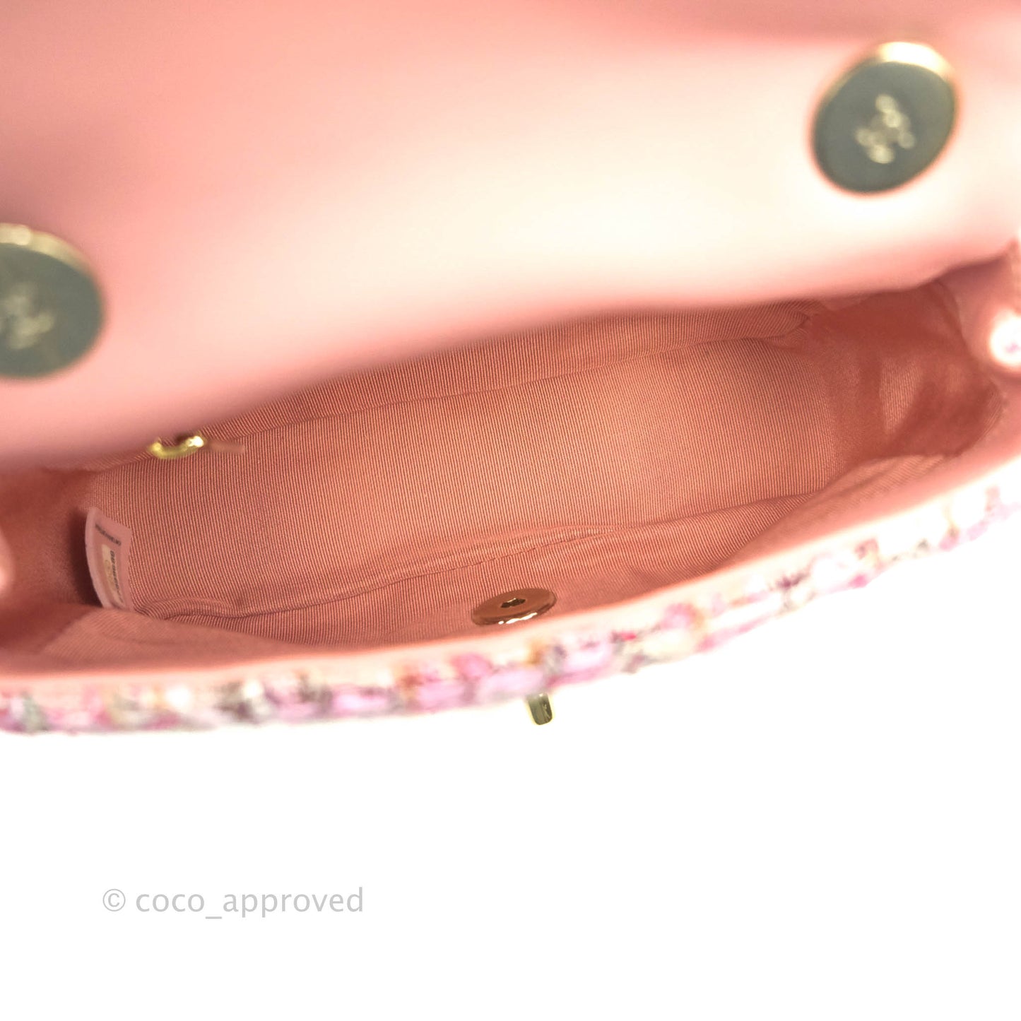 Chanel Small Pink Tweed Flap Bag With Large Pearl Handle Gold Hardware 19S