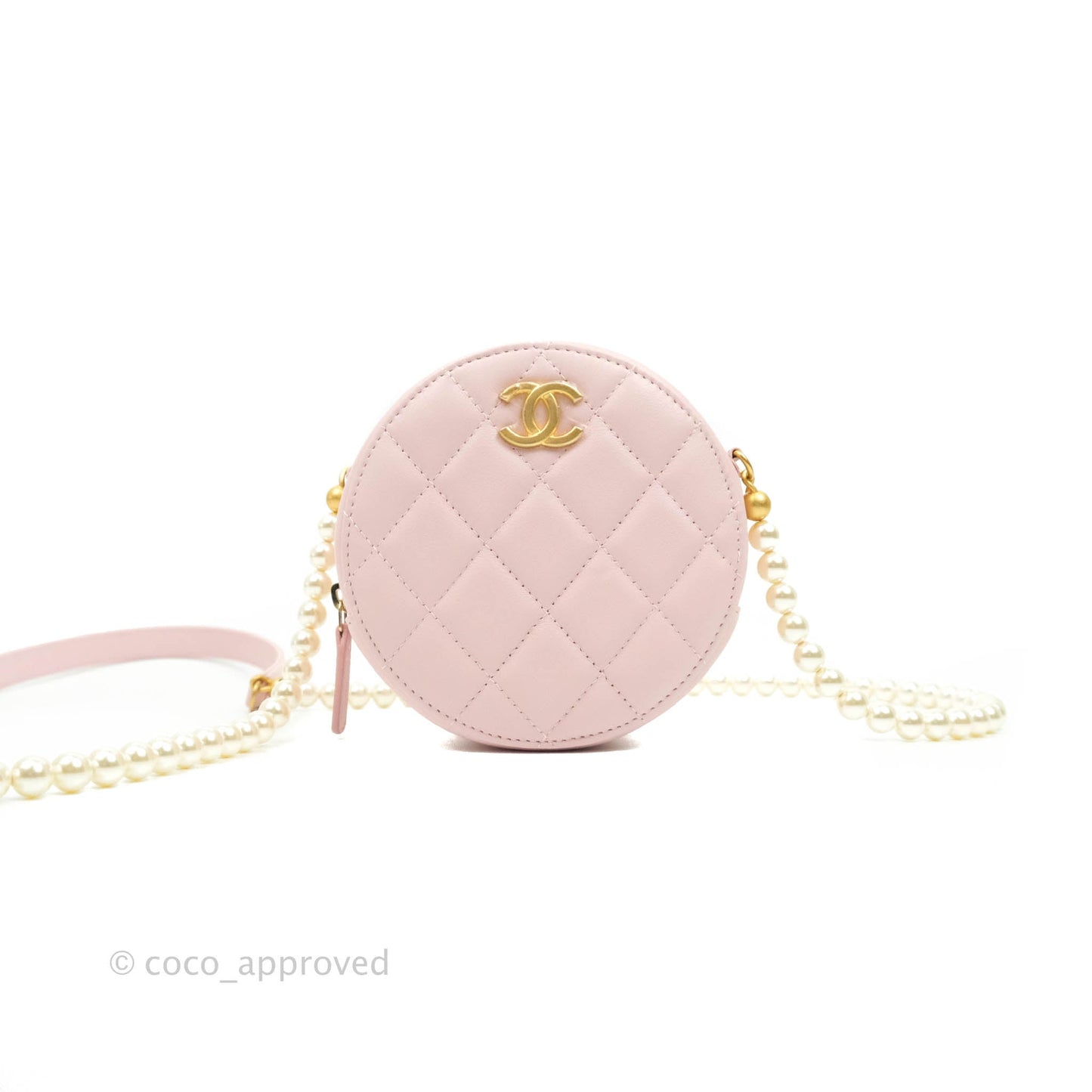 Chanel Quilted Round Clutch with Pearl Chain Light Pink Calfskin Aged Gold Hardware 21S