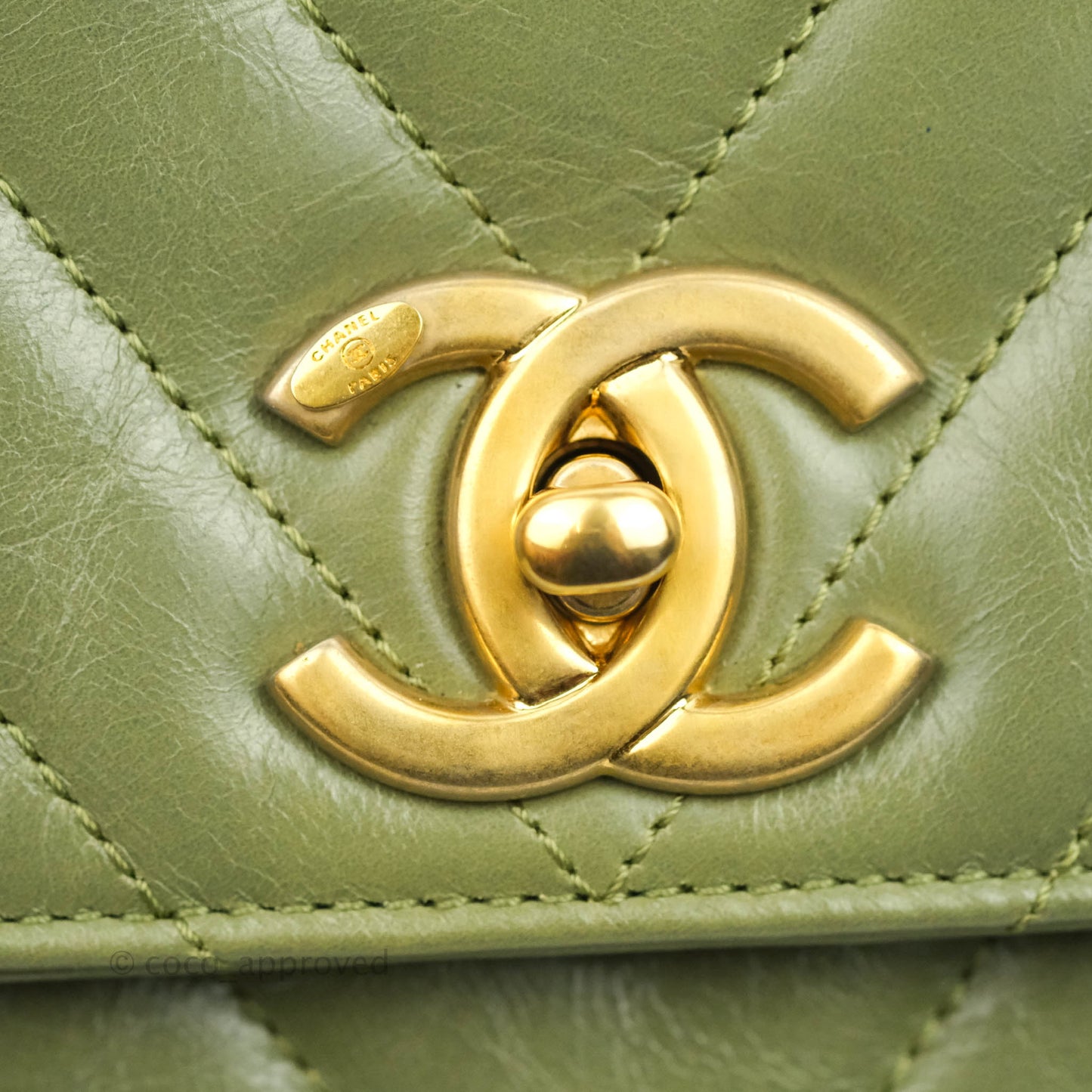 Chanel Medium (Small) Chevron Coco Handle Flap Olive Crumpled Calfskin Aged Gold Hardware Lizard Handle