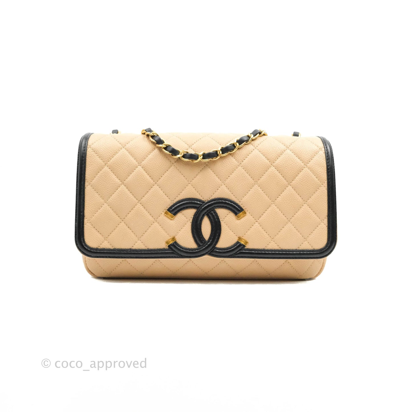 Chanel Quilted Medium CC Filigree Flap Beige Black Caviar
