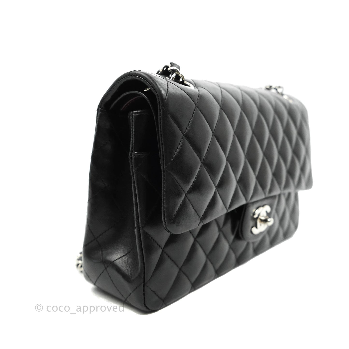 Chanel Classic M/L Medium Double Flap Black Lambskin Silver Hardware