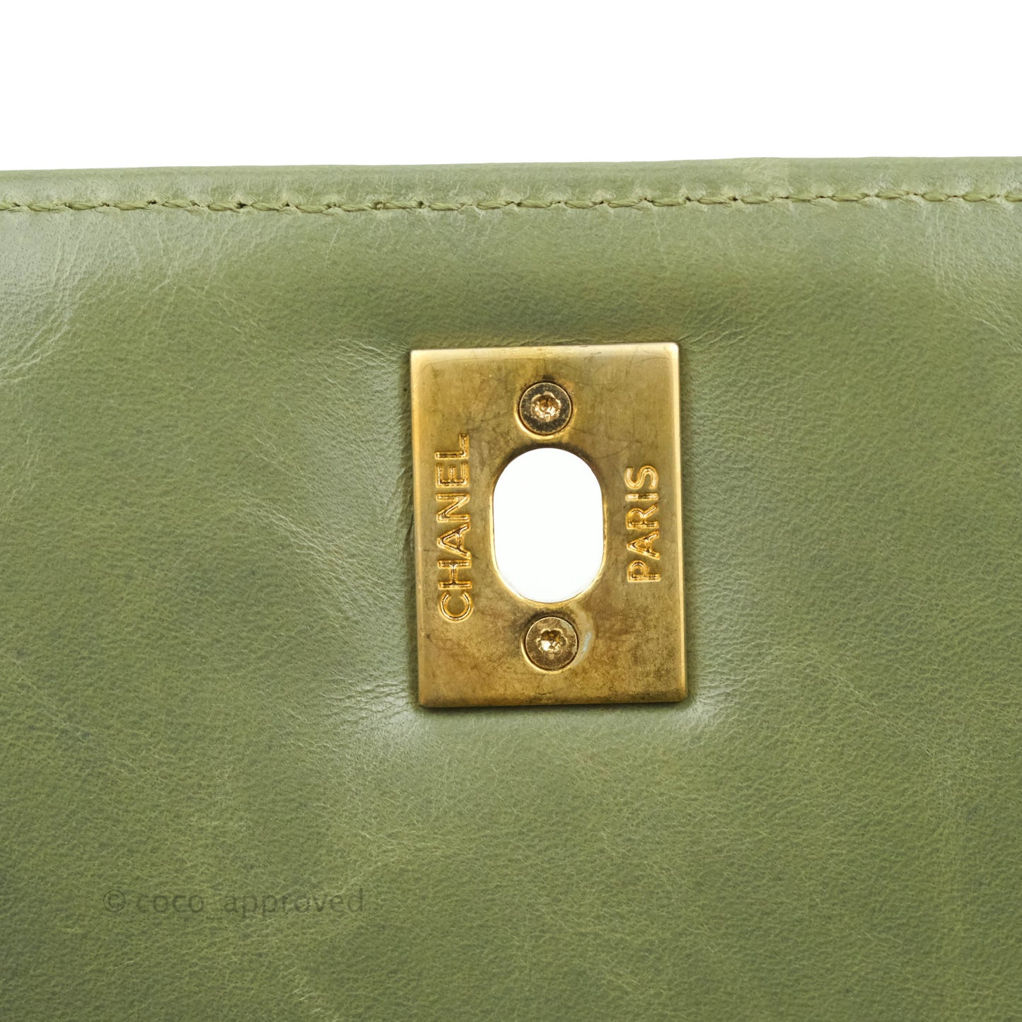 Chanel Medium (Small) Chevron Coco Handle Flap Olive Crumpled Calfskin Aged Gold Hardware Lizard Handle
