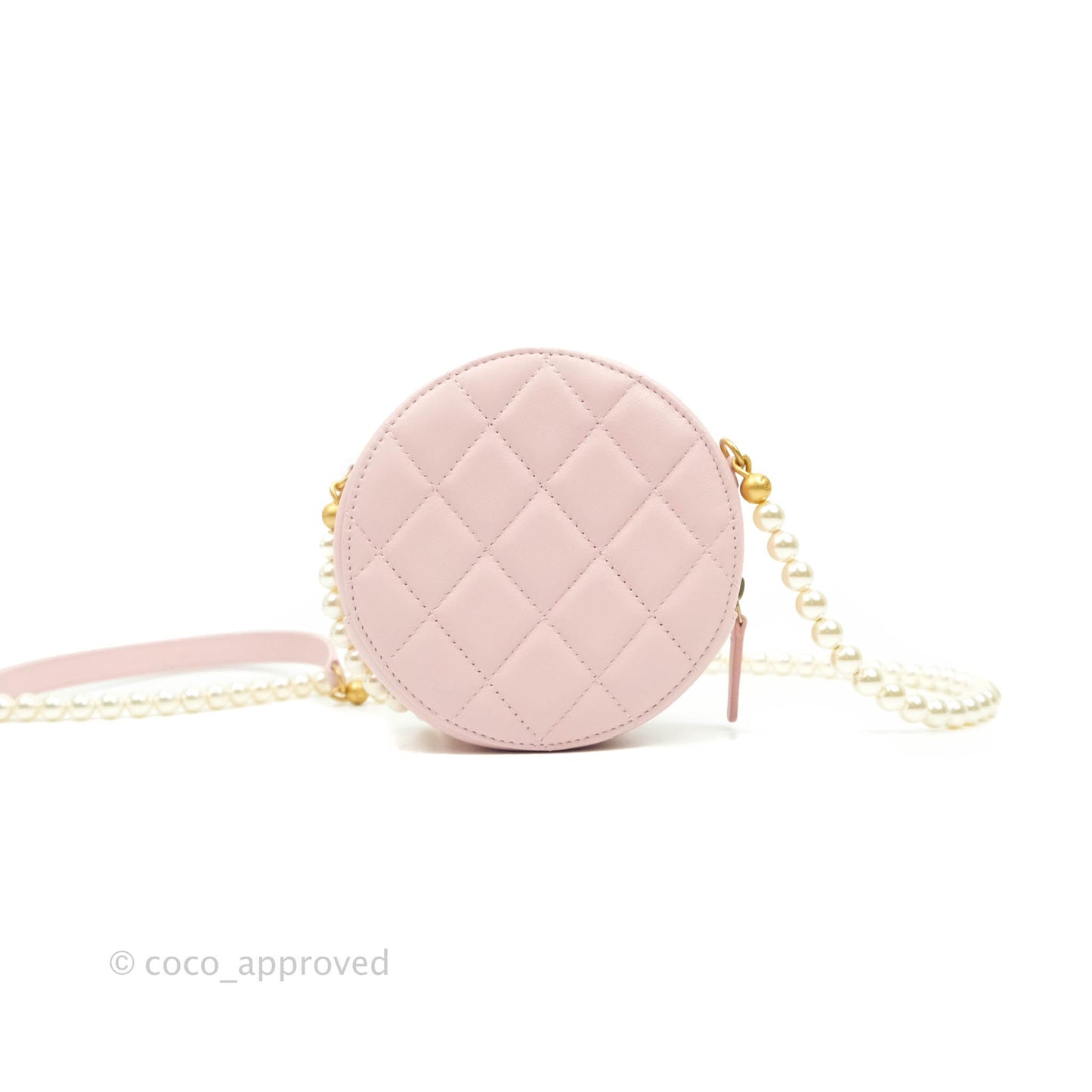 Chanel Quilted Round Clutch with Pearl Chain Light Pink Calfskin Aged Gold Hardware 21S
