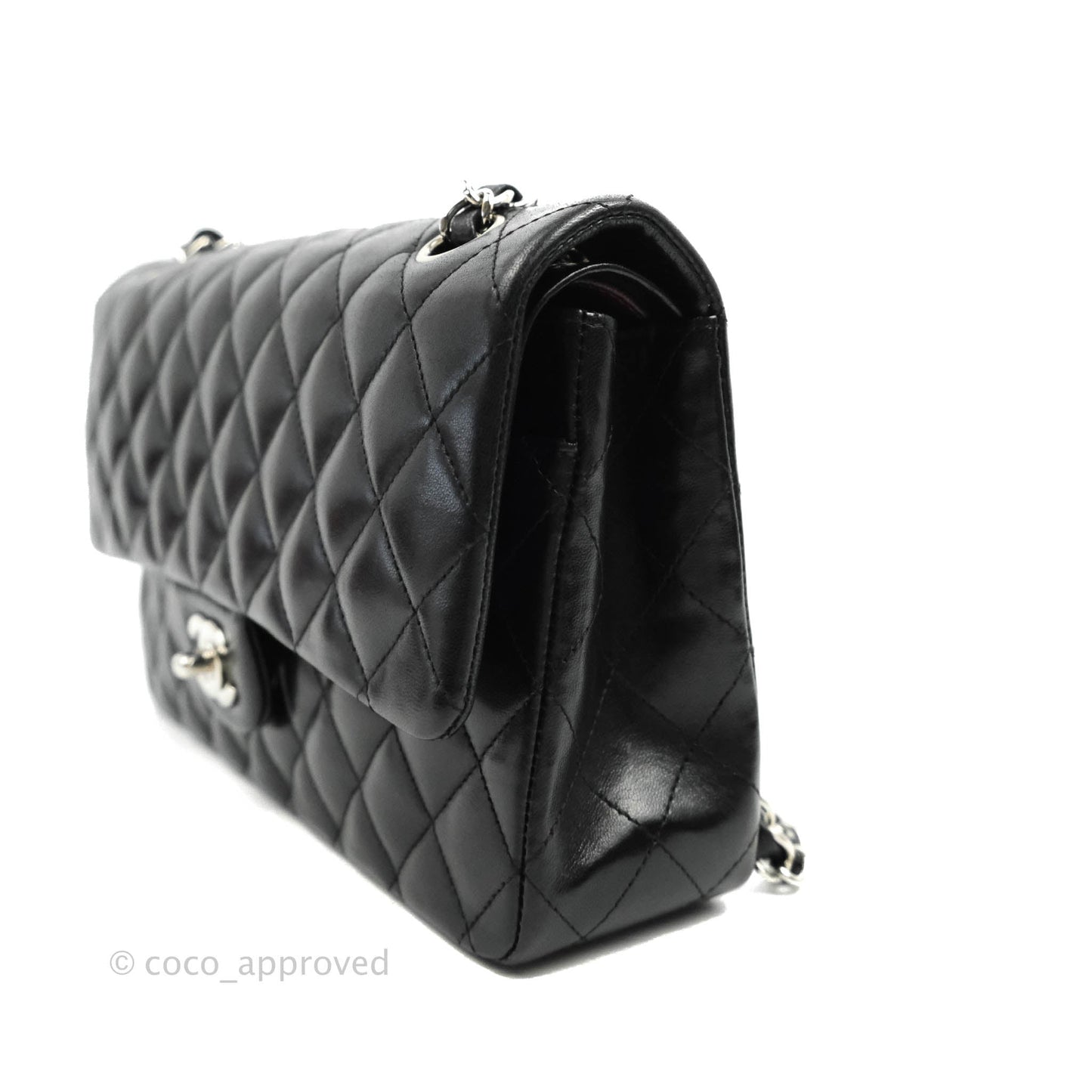 Chanel Classic M/L Medium Double Flap Black Lambskin Silver Hardware