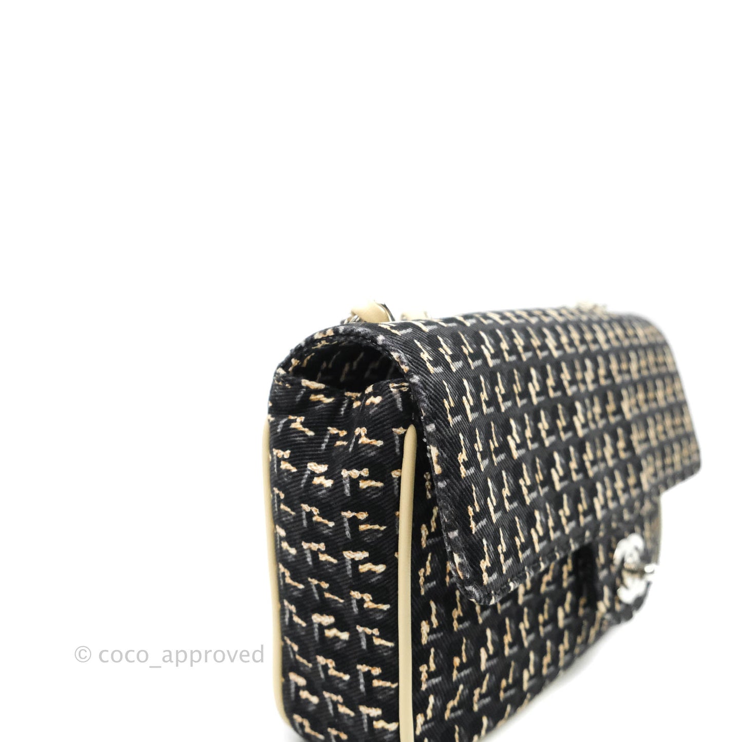 Chanel Small Print Beige Grey Denim Flap Bag Silver Hardware