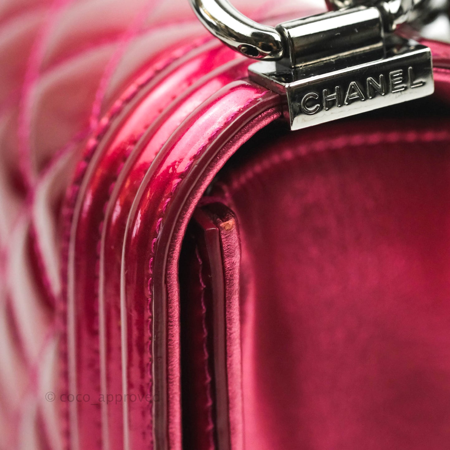 Chanel Quilted Small Boy Metallic Pink Patent & Lambskin Gun Metal