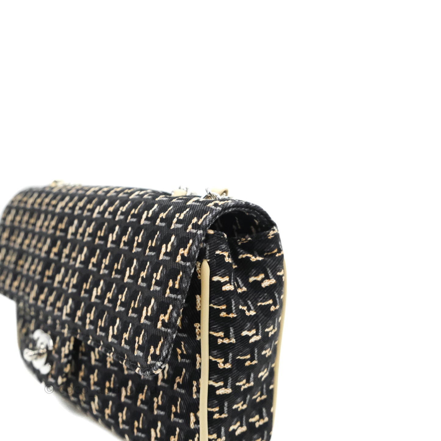 Chanel Small Print Beige Grey Denim Flap Bag Silver Hardware