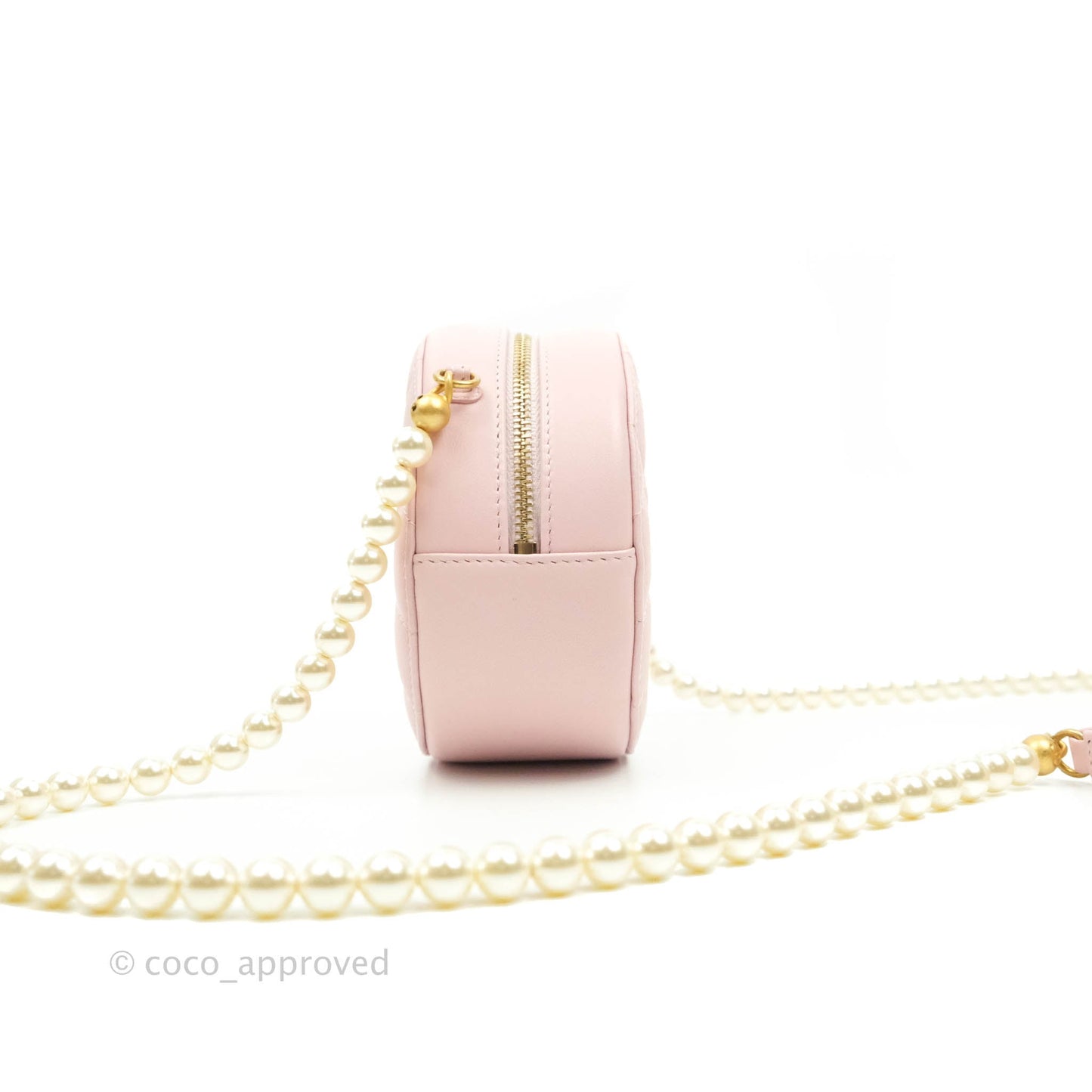 Chanel Quilted Round Clutch with Pearl Chain Light Pink Calfskin Aged Gold Hardware 21S