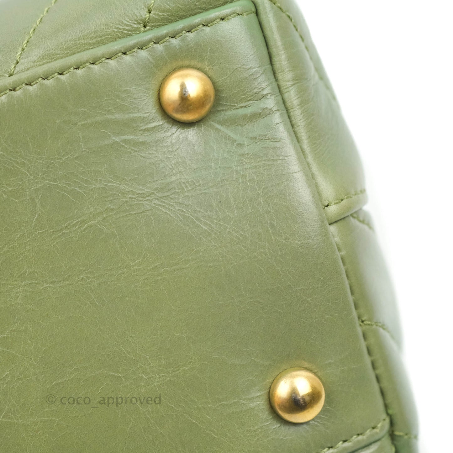 Chanel Medium (Small) Chevron Coco Handle Flap Olive Crumpled Calfskin Aged Gold Hardware Lizard Handle