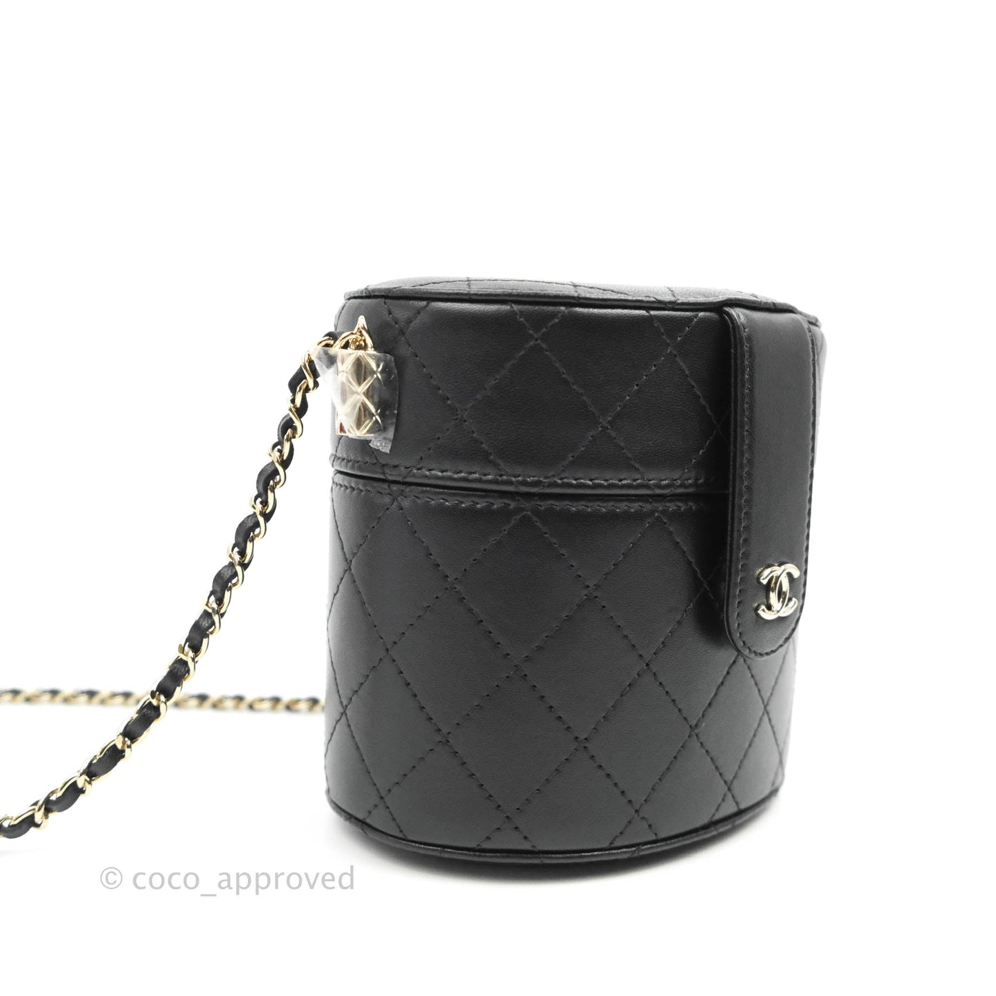 Chanel Quilted Round Vanity Clutch With Chain Black Lambskin Gold Hardware
