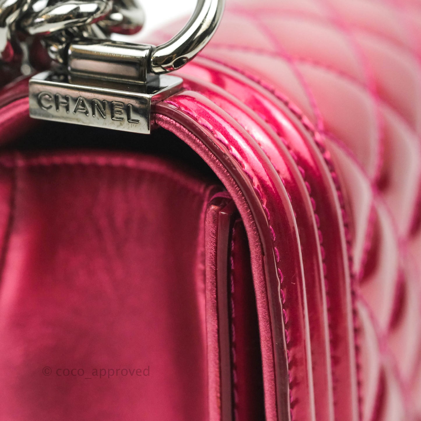 Chanel Quilted Small Boy Metallic Pink Patent & Lambskin Gun Metal