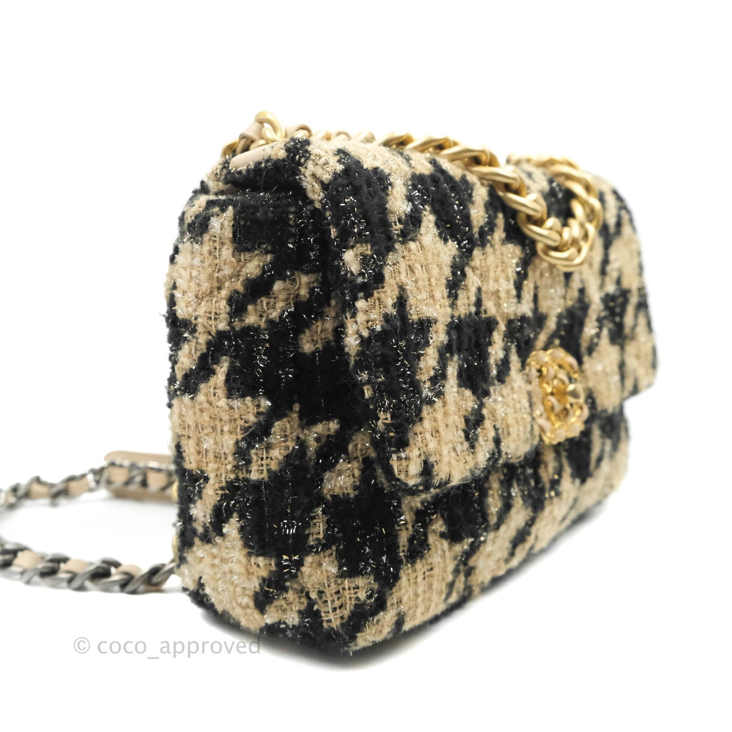 Chanel 19 Small Tweed Houndstooth Black Beige Mixed Hardware