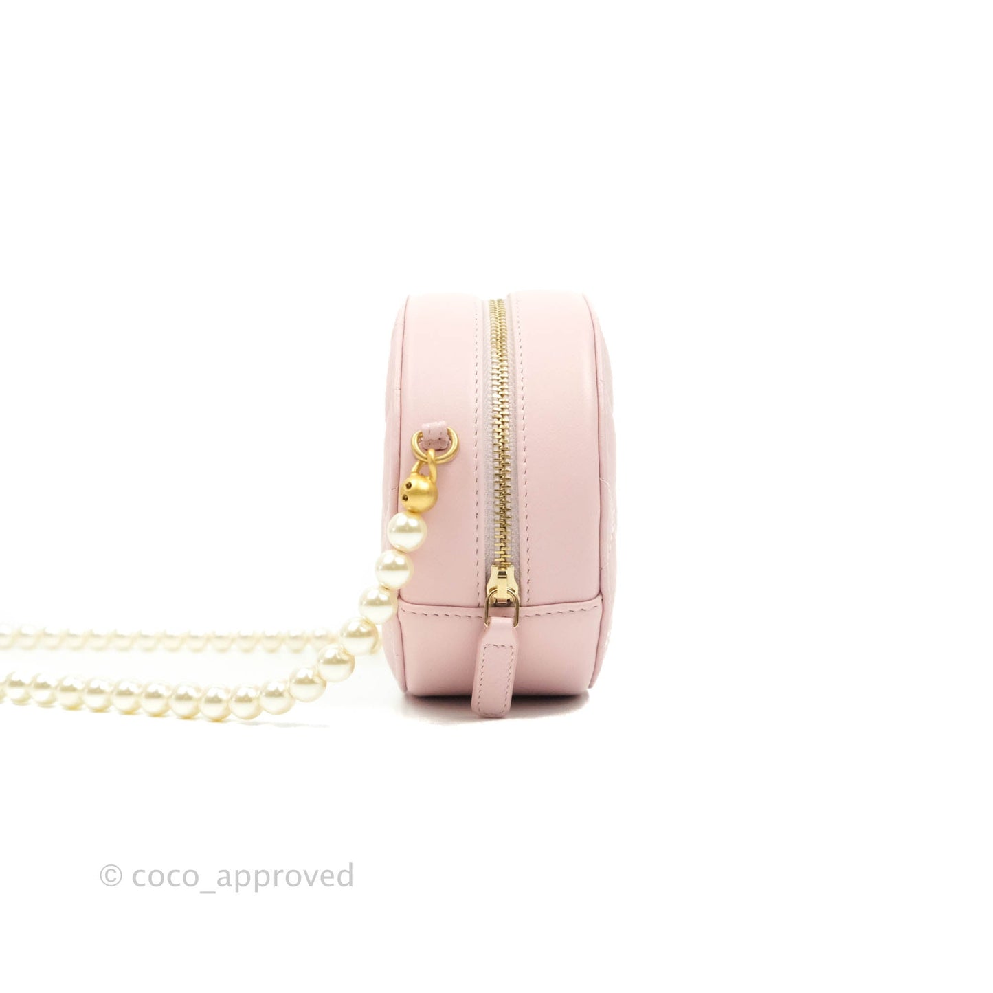 Chanel Quilted Round Clutch with Pearl Chain Light Pink Calfskin Aged Gold Hardware 21S