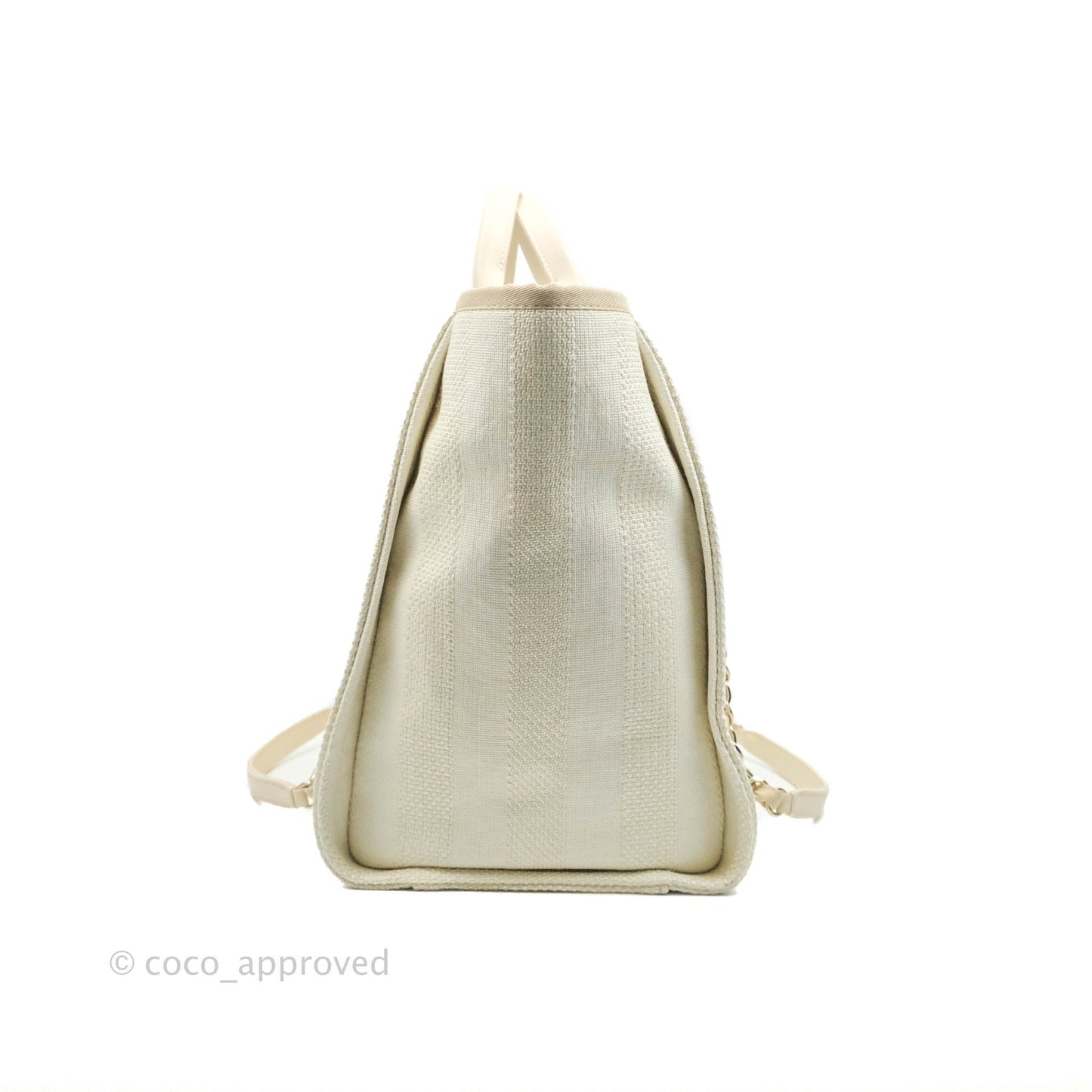 Chanel Large Deauville Light Beige Stripe Canvas Gold Hardware