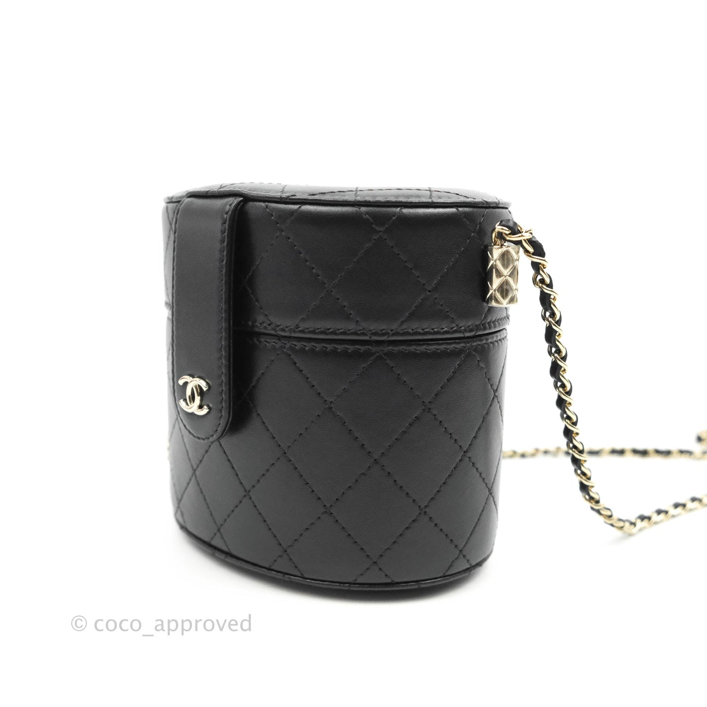 Chanel Quilted Round Vanity Clutch With Chain Black Lambskin Gold Hardware