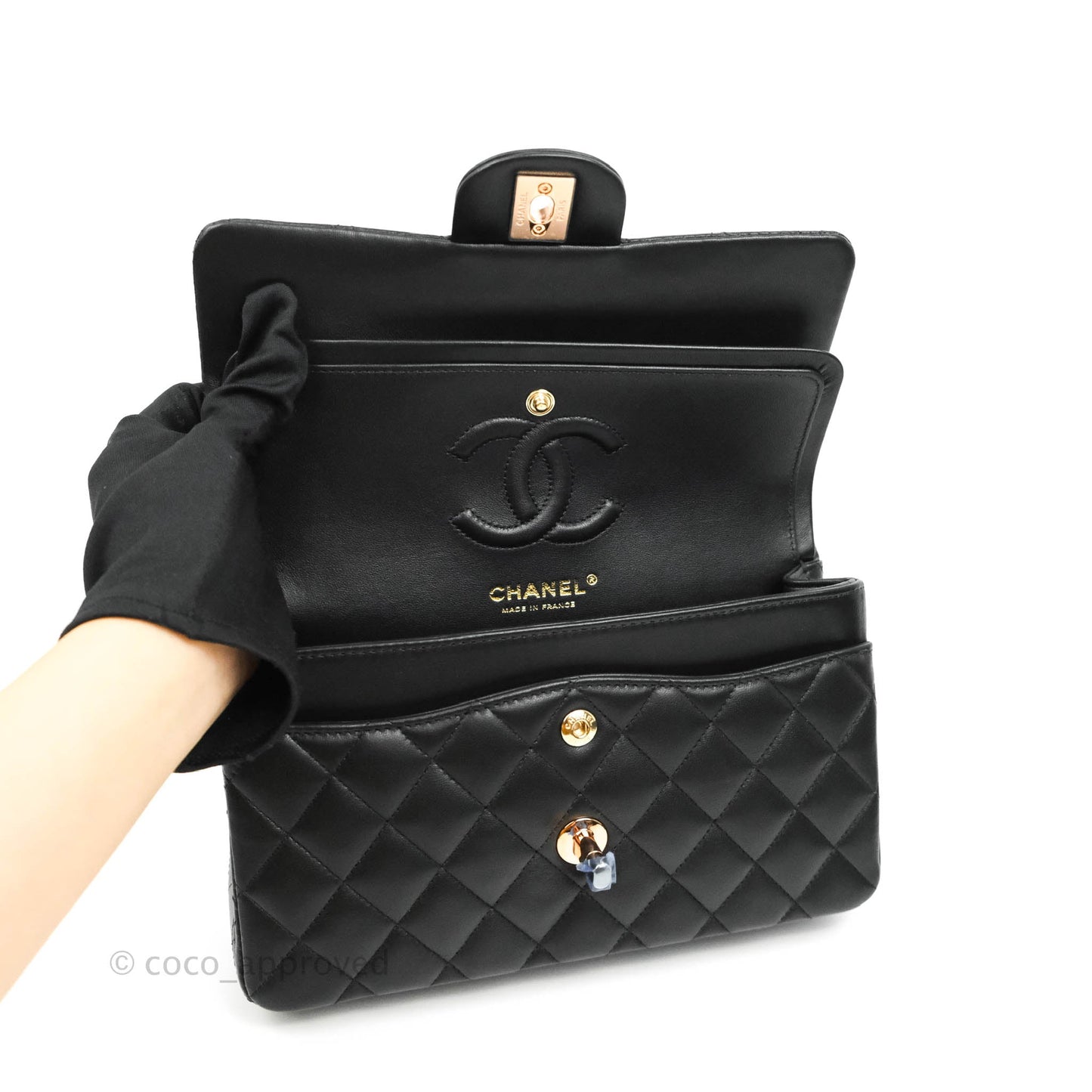 Chanel Classic Small S/M Flap Black Lambskin Rose Pink-Gold Hardware