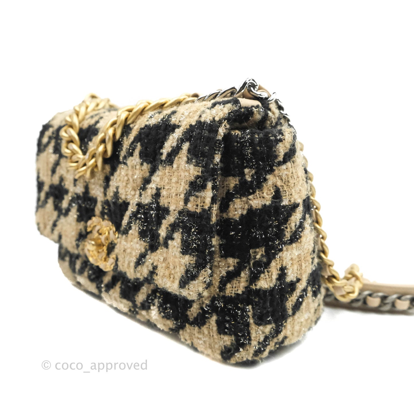 Chanel 19 Small Tweed Houndstooth Black Beige Mixed Hardware